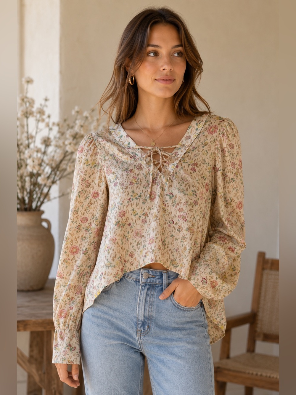 Forte_Forte Italy Floral Virgin Wool Silk Trim Tie Neck Blouse S Cottagecore